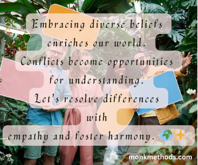 Embracing diverse beliefs enriches our world. Conflicts become opportunities for understanding. Let's resolve differences with empathy and foster harmony.