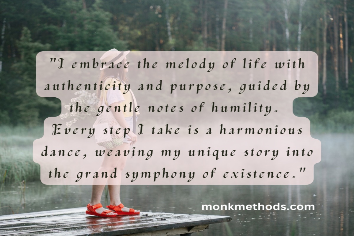 "I embrace the melody of life with authenticity and purpose, guided by the gentle notes of humility. Every step I take is a harmonious dance, weaving my unique story into the grand symphony of existence."