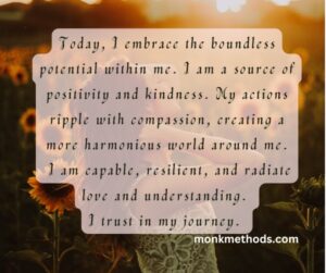 Today, I embrace the boundless potential within me. I am a source of positivity and kindness. My actions ripple with compassion, creating a more harmonious world around me. I am capable, resilient, and radiate love and understanding. I trust in my journey.