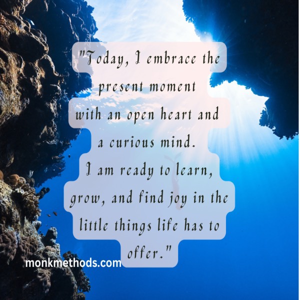 "Today, I embrace the present moment with an open heart and a curious mind. I am ready to learn, grow, and find joy in the little things life has to offer."