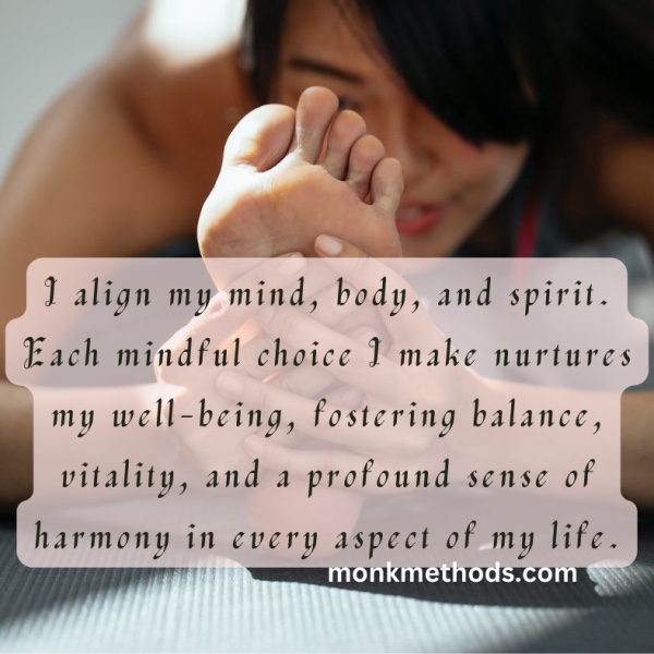 I align my mind, body, and spirit. Each mindful choice I make nurtures my well-being, fostering balance, vitality, and a profound sense of harmony in every aspect of my life.