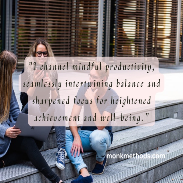 "I channel mindful productivity, seamlessly intertwining balance and sharpened focus for heightened achievement and well-being."